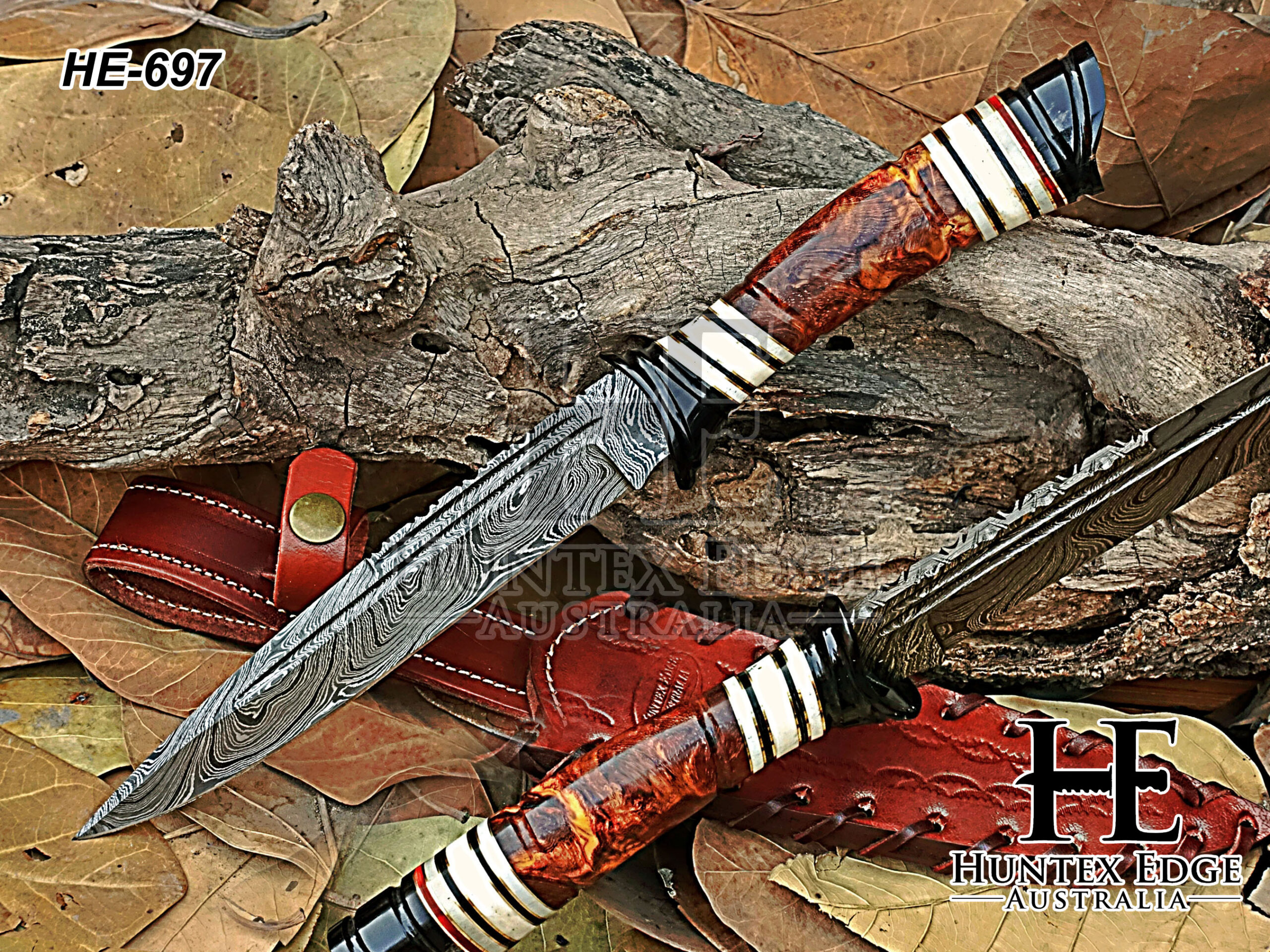 HUNTEX Custom Handmade Twist Damascus Steel Blade, Burl Olivewood